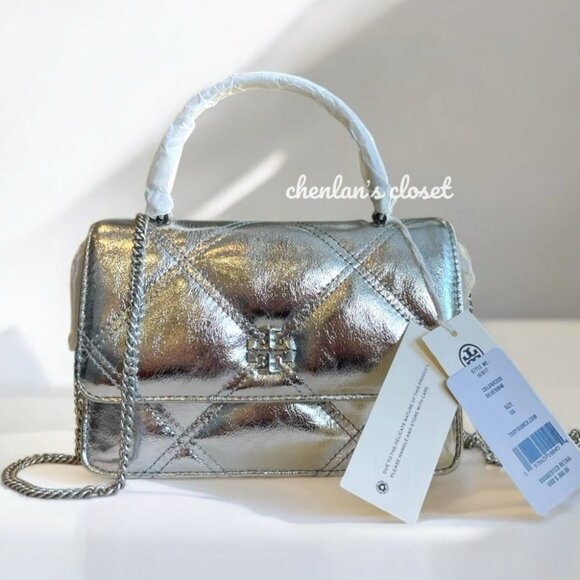 Tory Burch Silver Quilted Crossbody Bag with Chain Strap - Picture 2 of 12